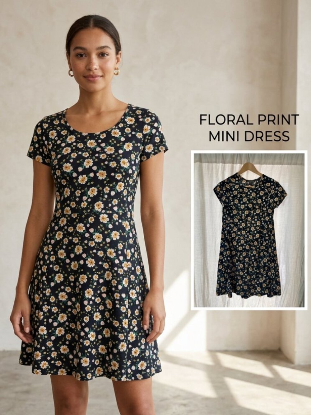 Primark Floral Mini Dress Black White Pink | US 2 / EUR 34